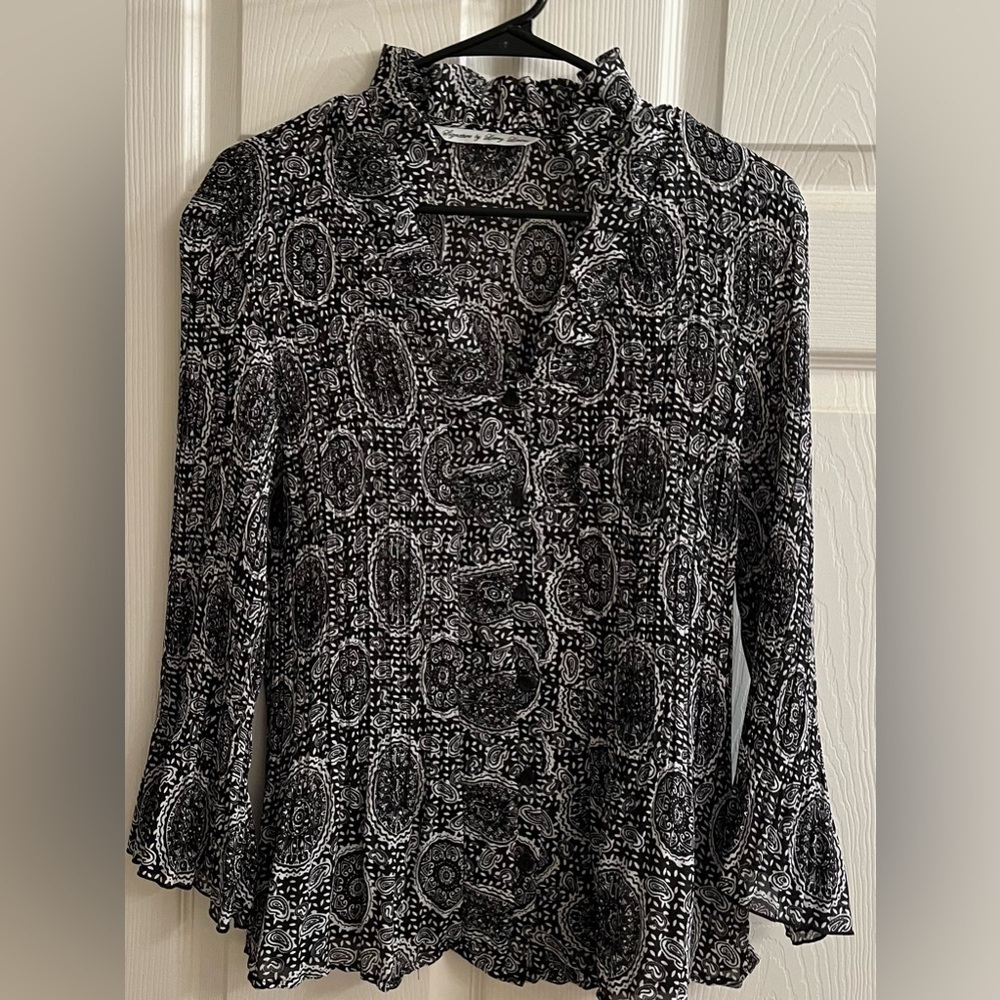 LARRY LEVINE~ BLACK/ WHITE~ BLOUSE~LG